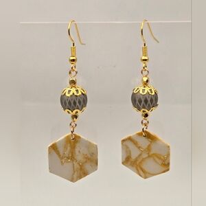 #B2- Chic Gold and Cream Hexagon Earrings